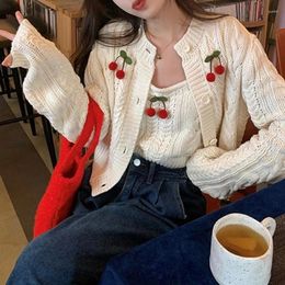 Women Cherry Long Sleeve Twist Cable Knitted Button Down Cardigan 2 Pieces Cami Crop For Tank Top Autumn Sweater