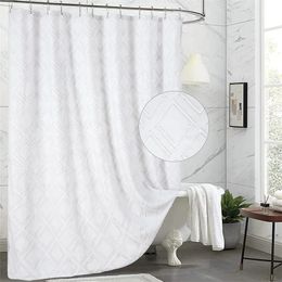 White Tufted Farmhouse Shower Curtain with Diamond Ruffle Pattern Elegant Chic Embroidered Fabric Boho Shower Curtain for Bathr 240429