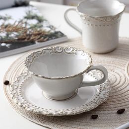 Cups Saucers Vintage White Porcelain Mug Coffee Cup Saucer European Ceramic Tea Home Office Handmade Retro Relief Mugs