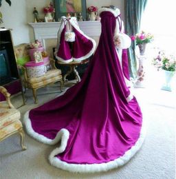 Winter GrapePurple satin floor Length Hooded Girls Cape Wedding Cloaks Faux Fur Jacket For Winter Kid Flower Girl Coats1367097
