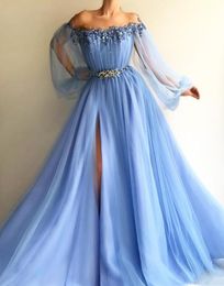 Boho Sky Blue Prom Dresses Split Long Sleeves Blue Flower Evening Party Dresses Off Shoulder A Line Sheer Neck Bohemian Pageant Pa3314184