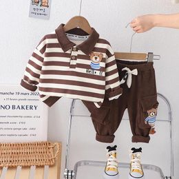 Clothing Sets 2024 Spring Korean Style Baby Boy Clothes 1 To 5 Years Cartoon Striped Turn-down Collar T-shirts And Pants Kids Bebes