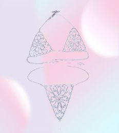 Other 2021 Women Sexy Crystal Bikini Set Bling Full Rhinestone Hollow Out Breast Bra Crops Top Underpant Night Club Body Chain Jew8510444