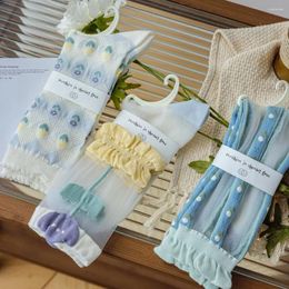 Women Socks Ultra Thin Transparent Crystal Silk Summer Harajuku Crew Retro Flower Streetwear Elastic Long Calcetas