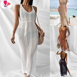 Crochet Tunic Knitted Kaftan Sexy Backless Vestidos Hollow Out Robe Long Beach Dress Slit 2024 Outer Cover Women Cover-ups Swim