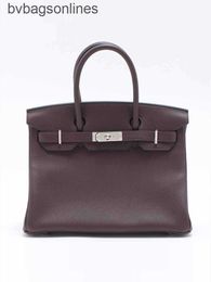 Vintage Hremms Real Logo Designer Bags AAA Quality Women Brand Bags Birkks 30 Leather Silver Button Carmine Engraving 22 Handbag Bag
