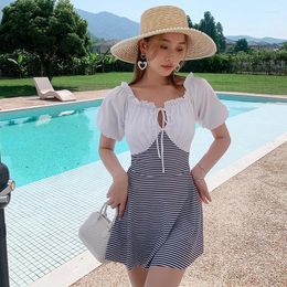 Women's Swimwear Wisuwore One Piece Design Contrasting Color Patchwork Stripes A-line Skirt That Shows Chest Dress Vacation Beach Surfing