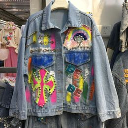 Spring Autumn Letters Sequins Embroidery Denim Coat Graffiti Hand Painted Rivets Jeans Bomber Jacket Beaded Cowboy Cardigan Tops 240510