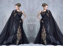 2020 Tony Chaaya Mermaid Evening Dresses Sexy Black Lace Appliques Prom Gowns with Cape Illusion Tulle Beaded Applique Celebrity F9277979