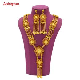 Apingxun 24K Gold Colour Flower Necklace Earrings Jewellery Set African Australian French Women Bridal Wedding Party Charm 240506