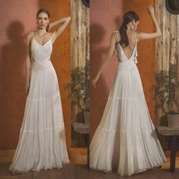 spaghetti beach wedding dresses 2023 backless lace flowy chiffon skirt summer bohemain garden bride wedding gown suknie slubne 297l