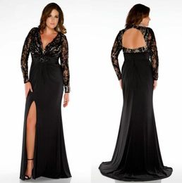 Evening Gown PLUS SIZE Long Sleeve Black Dress Cheap Deep V Neck Open Back Sexy Lace Formal Wear Floor Length Split Dress Women5086832