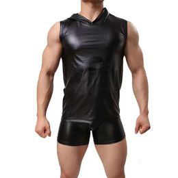 7XL Plus Size Mens Soft Leather Hoodies T-Shirts Sleeveless Shiny V-neck Stretch Tank Tops Male Hooded Vest High Elastic Sexi Catsuit Costumes