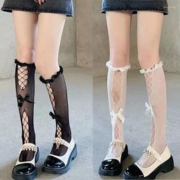 Women Socks Bow Hollow Long Summer Girls Y2K Sweet Lolita Lace Knee High Stockings Black White JK Thin Fashion Accessories