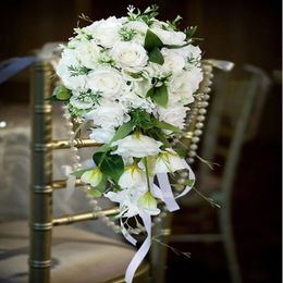 Wedding Flowers Waterfall White S Artificial Pearls Crystal Bouquets Bridesmaid Bridal Bouquet Hand De Mariage Rose 346n