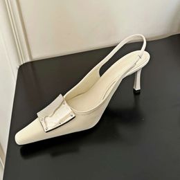 Satin Fine Metal Buckle Fashion Designer Slingback Sandals Pointed Pumps Women High Heel Mueller Shoes