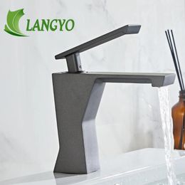 Bathroom Sink Faucets LANGYO Vanity Basin Waterfall Spout Cold Deck Mount Single Handle Hole Taps Solid Brass Faucet