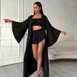 Home Clothing Light Luxury Black Fashion Satin Comfortable Robe Suspender Shorts Pajamas Three-Piece Set2024Europe And America Cross Border