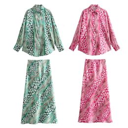 Zach Ailsa Spring Product Womens Casual Silk Texture Printed Shirt High Waist Slimming Midi Aline Skirt Set 240430
