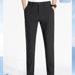 Men's Pants 2024 Minimalist Summer Solid Colour Ice Silk Fabric Pocket Zipper Fashion Versatile Business Casual Straight Suit