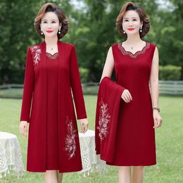 Work Dresses Chinese Style Women Mother Dress Autumn Long Sleeve Two Pieces Middle Aged Women's Flower Elegant
