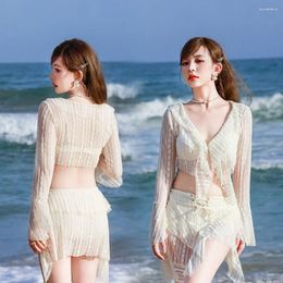Women's Swimwear Four-Piece Bikini Swimsuit With Strap Long Sleeve Beach Wear Outfit Sexy Breast Lift Solid Color For Women
