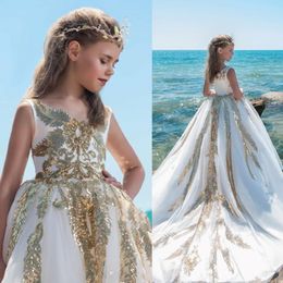 Shining Sequins Appliques Girls Pageant Gowns White And Gold Long Train Flower Girl Dresses For Wedding Baby Birthday Party Dress 227j