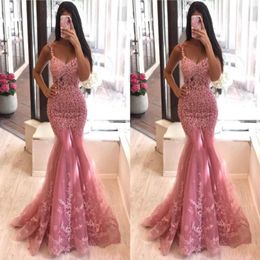 Plus Size Blush Pink Beaded Mermaid Prom Dresses V Neck Lace Appliqued Evening Gowns Sweep Train Formal Dress ogstuff vestidos de fiest 280y