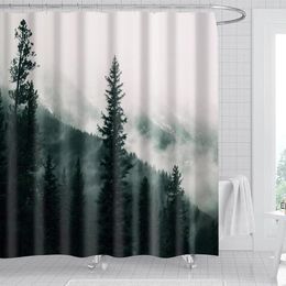 Shower Curtains 1/4pcs Forest Theme Bathroom Curtain Set Pine Tree With Foggy Pattern Bath Polyester For Decoration