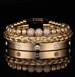 3pcs Luxury Micro Pave CZ Round Beads Royal Charm Men Link Bracelets Stainless Steel Crystals Bangles Couple Handmade Jewellery Gift9582911