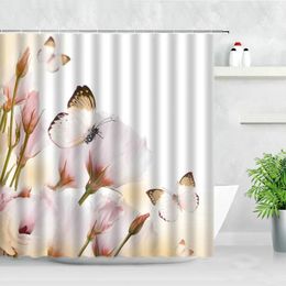 Shower Curtains Floral Plant Pink Flower Butterfly Print Spring Rural Scenery Waterproof Screen Decor Hooks Bathroom Curtain Set