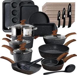 Cookware Sets Kitchen Induction & Bakeware Set - 30 Piece Black Granite Cooking Pans Non-Stick Pots And