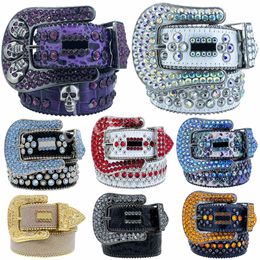 Bb Simon Belt Skull Belts for Women Men Designer Shiny Diamond Bling Rhinestones Retro Needle Buckle Belts Black Blue White Multicolour 2581