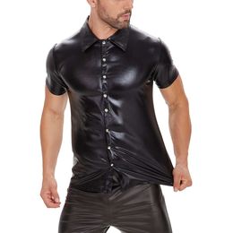 S-7XL Plus Size Mens Shiny Patent Leather Shirt Short Sleeve Elastic Shaping Tops Turn-down Collar Casual Streetwear Blouse Catsuit Costumes