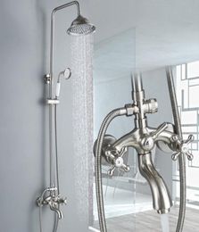 Bathroom 2 Knobs cold and Mixer Shower Combo Set 8inch Round Rainfall Shower Head Handheld Spray Brushed Nickel5717138