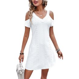 Women Casual Dresses Cutout Sexy V-Neck Backless Short Sleeve Pullover Mini Dress Lace A-Line Dresses