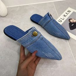 Denim Slippers Women Flat Shoes Fashion Casual Slide Flip-flops Ladies Blue Designer Sandal Pointed Toe Classic Jean Mules