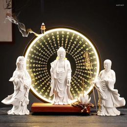 Decorative Figurines Porcelain Three Sacred Buddhas Statue With LED USB-Powered | Guanyin Sakyamuni Living Room Worship Decor Tabletop