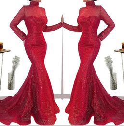 Red Lace Mermaid Evening Dresses Saudi Arabic Africa High Neck Sheer Long Sleeves Evening Gowns 2020 Long Sequined Prom Dress4177868