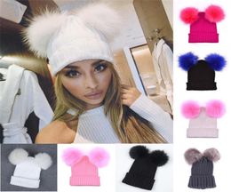 Fur Ball Cap 2 Pom Poms Winter Hat for Women Girl 039s Wool Hat Knitted Cotton Beanies Cap Brand New Thick Female4691669