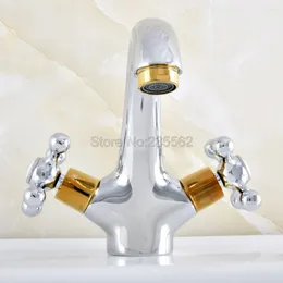 Bathroom Sink Faucets Golden & Chrome Brass Dual Cross Handle Basin Vessel Taps Deck Mounted And Cold Washing Faucet Lnf478