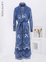 Women's Trench Coats LANMREM Vintage Print Design Long Windbreaker Women Scarf Collar Belt Gathered Waist Coat Fashion Spring 2024 32C494