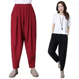 Women's Pants 2024 Cotton Linen Elastic Waist Pockets Solid Loose Pleated Harem Casual Autumn Summer Black Trousers Plus Size M-7XL