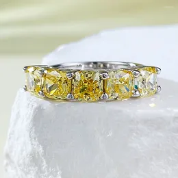 Cluster Rings S925 Silver Product 5 5mm Fat Square Yellow Diamond Five Stone Ring Women's Exquisite Wedding Jewellery