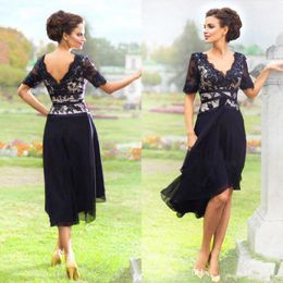 Navy Blue Chiffon Lace Knee-length Mother Of the Bride Dresses 2023 Summer Beach Wedding Party Dress Half Sleeve Plus Size Cheap Gown 277s