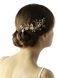 Gold Wedding Hair Comb Pearl Flower Bridal Rhinestone Hair Accessories Bride Women9994353