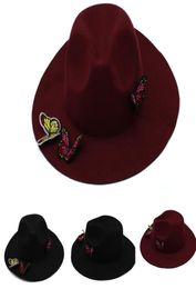 Creative Three Butterflies Women Wide Brim Hats Wool Soft Warm Ladies Fedoras Solid Floppy Cloche Jazz Caps Hats Autumn Winter8937218