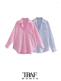 Women's Blouses -Striped Loose Shirts With Pocket For Women Long Sleeve Button-up Chic Tops Casual Female Fashion