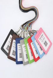 Leather Card Holder With Rope Lanyard Double Card Sleeve ID Badge Case Clear Bank Credit Card Badge Holder Office Supplies5457203