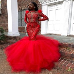 2022 Sexy Sparkly Dark Red Sequined Lace Feather Mermaid Prom Dresses for Black Girl Sequins Long Sleeve Jewel Neck Illusion Formal Ara 3199